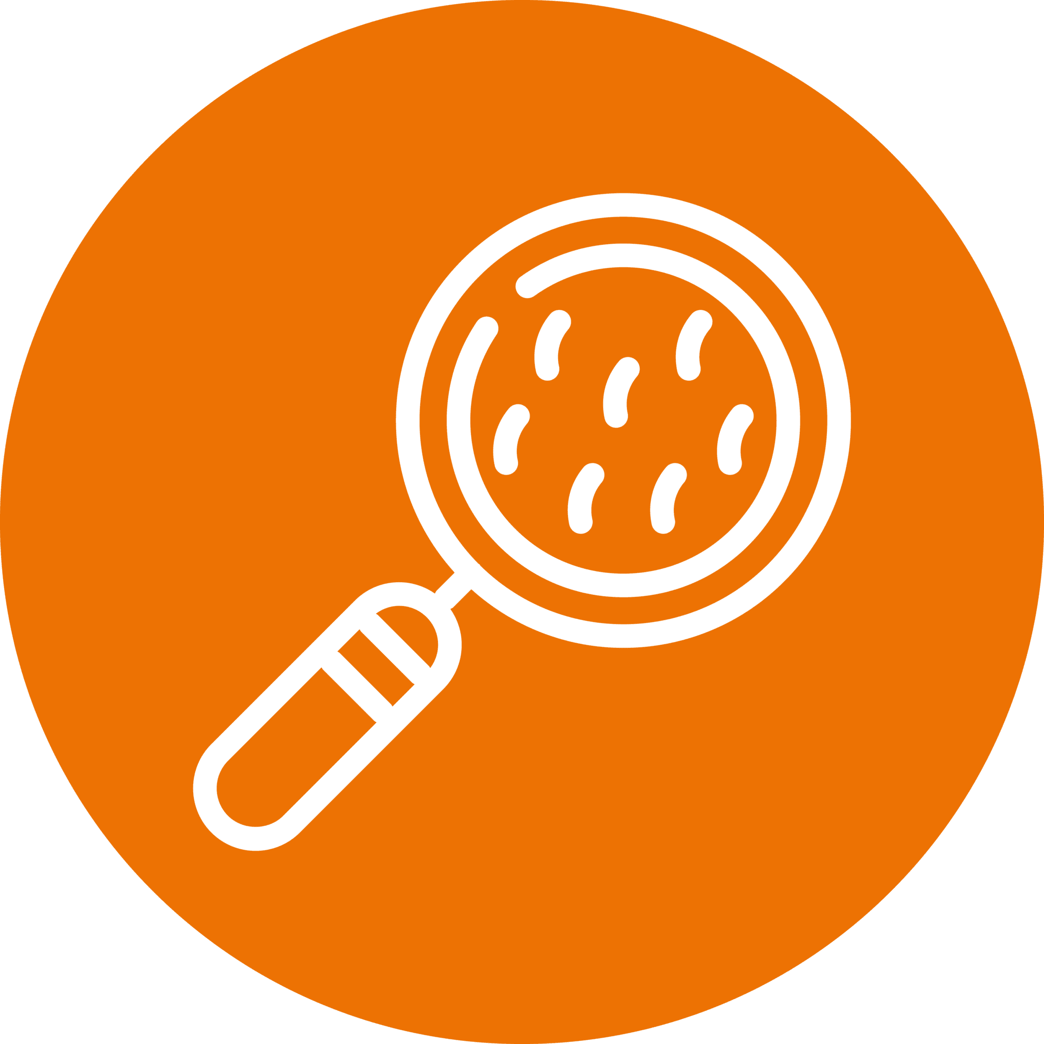 drawing of a magnifying glass inside of an orange circle