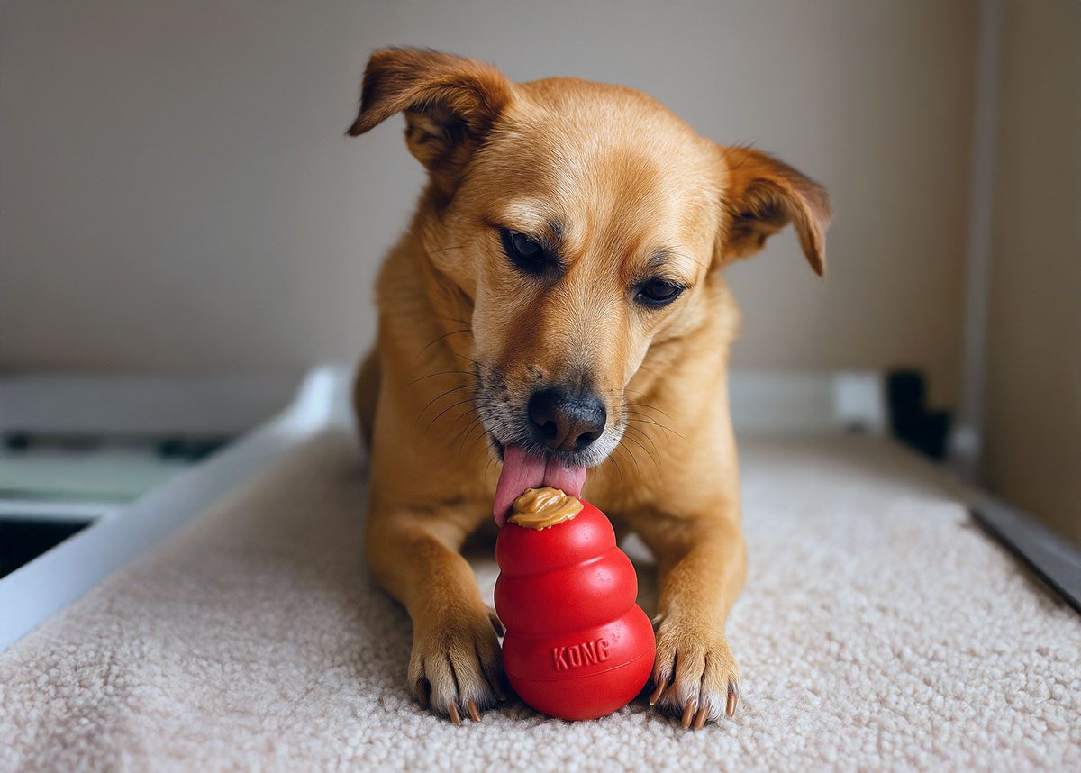 dog licking peanut butter out of Kong toy